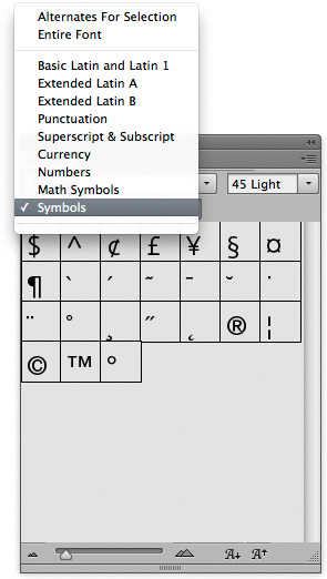 Use the Glyphs panel to insert glyphs and special characters in